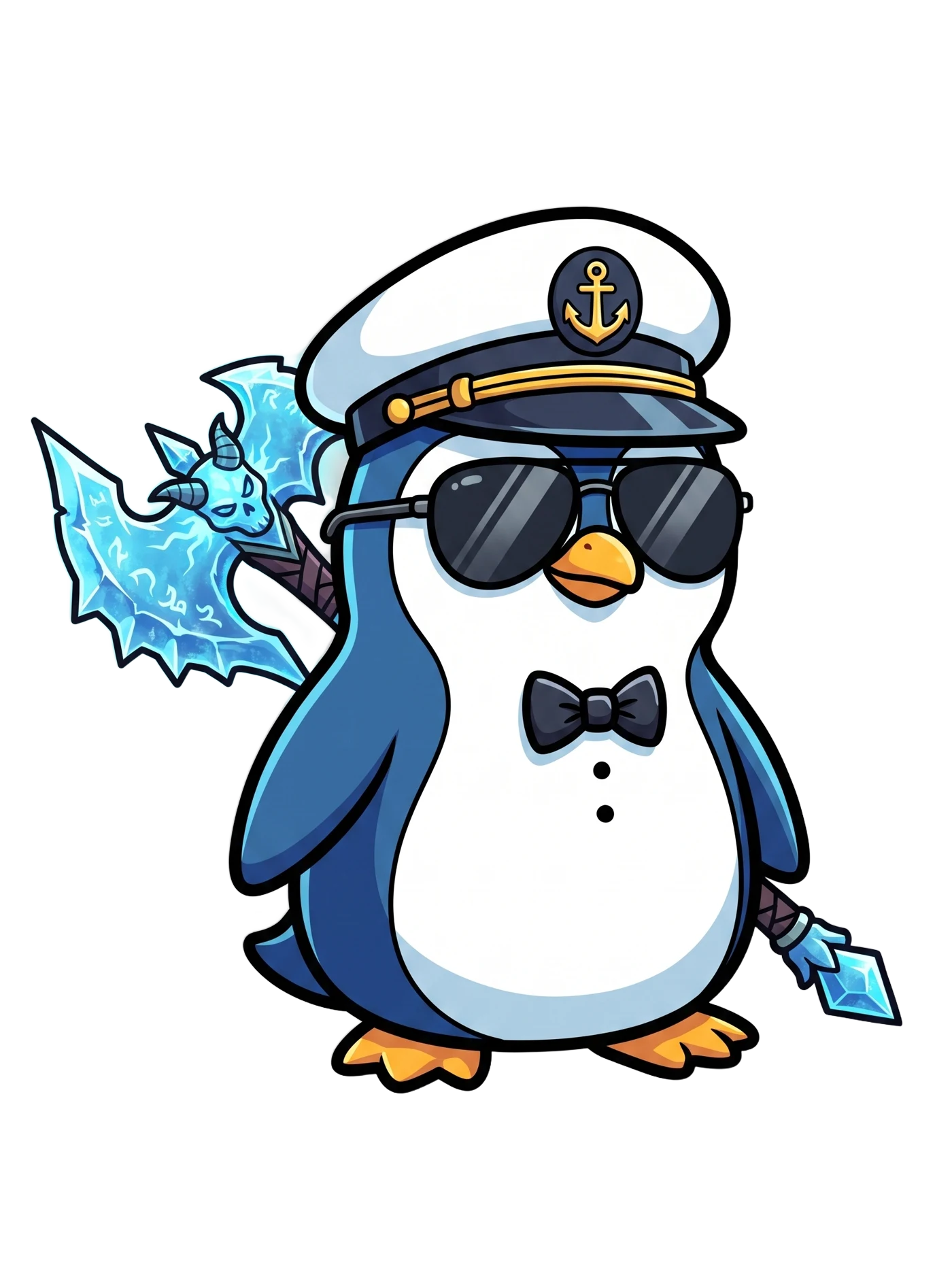 Captain Cool, a penguin in a captain's hat and shades with a frost axe on his back, holding a hand of aces